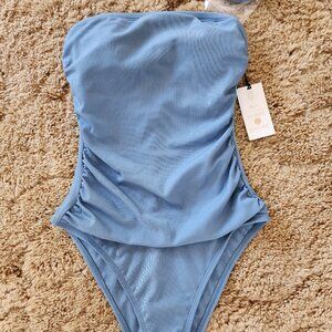 Shade & Shore Blue Ribbed Strapless Cheeky One-Piece Swimsuit Size: XS NWT